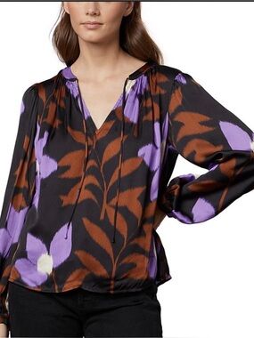 Velvet by Graham & Spencer Black Purple Brown Floral Tie-Neck Blouse